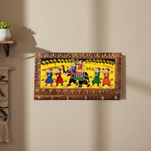 Image of CraftVatika Wooden Key Holder with 6 Hook, Handmade Rajasthani Art Work Wooden Key Holder Wall Mounted Hanging, Rajasthani Wooden Home Keychain Holder Stand for Wall, Home Decor Stylish