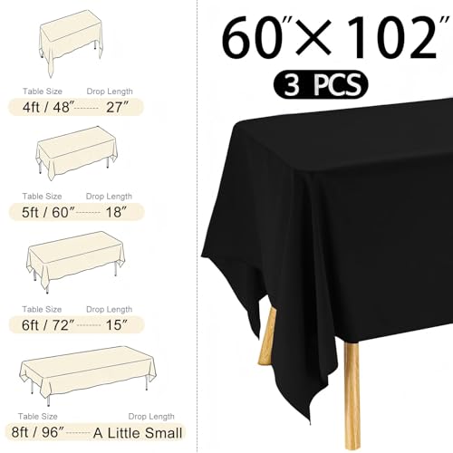 Image of 3 Pack Rectangle Black Table Cloth Bulk Washable Polyester Table Cover for Wedding Dining Table Buffet Parties Banquet Decoration(60x102Inch, Black)
