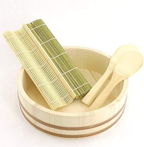 BambooMN 11.8″ Hangiri Oke Sushi Rice Cooling Bowl/Tub with 5 Pieces Sushi Making Serving Accessory Kit – Medium