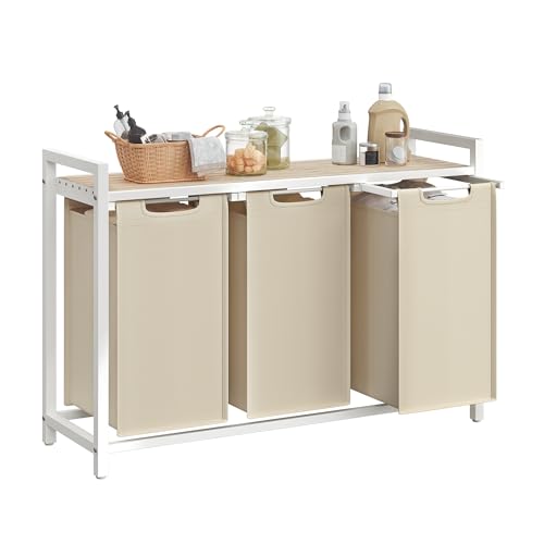 Image of VASAGLE Laundry Hamper, Laundry Basket Sorter with 3 Pull-Out and Removable Bags, Shelf, Metal Frame, 3 x 10.6 Gallons (40 L), 36.4 x 13 x 28.4 Inches, Cappuccino Beige and Natural Beige UBLH301LH01