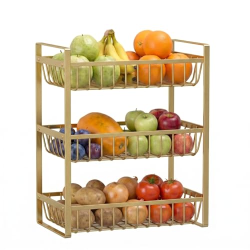 Image of 2 Tier Countertop Fruit and Vegetables Basket | Multipurpose Storage Organize Stand for Kitchen, Dining Table and Bathroom (3 Tier Gold)
