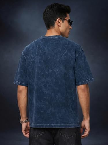 Image of Veirdo Heavy GSM Pure Cotton Acid Wash Print Round Neck Half Sleeve Oversized Fit Drop Shoulder T-Shirt for Men (Colors: Black, Navy, Green & Brown)