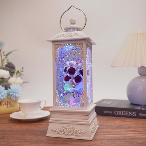Xyvoxme Red Rose Flower Snow Globe Lantern with RGB Color Changing Lights Music & 6 Hour Timer USB & 3AA Battery Powered Gifts for Women Mom Grandma Spring Summer Home Decor (W-Red Rose)