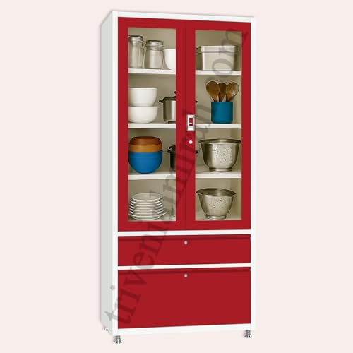 Image of Triveni Almirah Annapurna-5 Steel Wardrobe for Kitchen & Home Use | 10 Year Guarantee on Paint & Locks | 2-Door Glass Almirah with 2 Drawers | Separate Locks for Doors & Drawers | Powder-Coated Finish