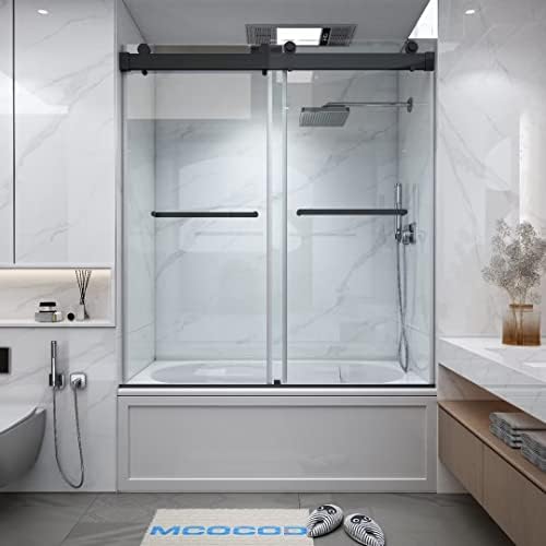 MCOCOD Bathtub Shower Doors Frameless Double Sliding 56-60" W x 60" H with Soft Closing System 3/8"(10mm) Clear Tempered SGCC Shatterproof Glass Width Adjustable - Matte Black