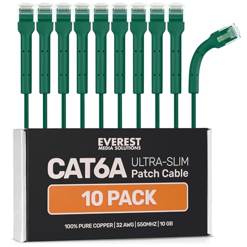 Image of Everest Ultra Slim Cat6a Ethernet Patch Cables 1ft (10-Pack) Green | Bendable, Thin and Flexible