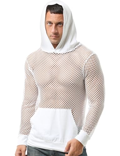 Aivtalk Men’s Mesh Fishnet Hoodie Long Sleeves Crop Top See Through Pullover Sweatshirt Workout Tank Tops with Pockets
