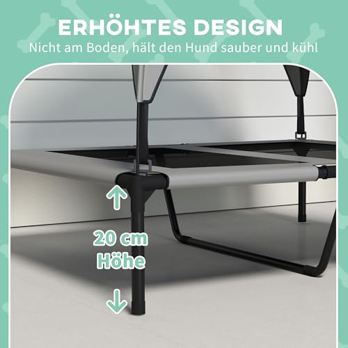 PawHut Erhöhtes Hundebett mit Baldachin, Haustierbett, Outdoor Hundeliege mit Dach, Atmungsaktiv, für große Hunde Hellgrau Oxford 91 x 76 x 89 cm
