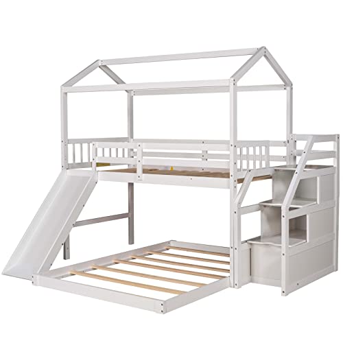 Harper & Bright Designs House Bunk Beds With Slide And Stairs Twin Over Full Bunk Bed Wood Playhouse Low Bunk Bed For Kids Girls Boys Teens, White #TOP2