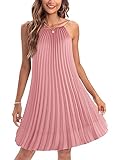 Ellames Women's 2025 Summer Spaghetti Strap Pleated Casual Swing Dress with Belt Blush Pink Large