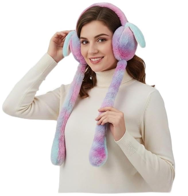 Plush Earmuffs with Long Ties, Rainbow Multicolor Pastel, Winter Ear Warmers-image-14