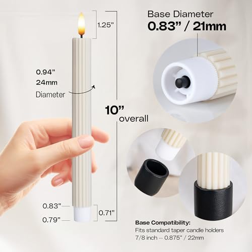 Image of 10 inch Fluted Ribbed LED Cream Beige Grooved Real Wax Taper Candles, Remote & 24h Timer Memory, On /Off Switch - Flameless Dimmable Battery Operated w /Flicker Mode, Home Wedding Decor (6 Pack)