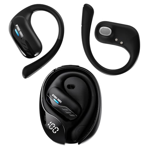 Transformers Open-Ear Wireless Bluetooth 5.4 Workout Headphones, Comfort Silicone Earhook, Surround Sound, Clear Calls, IPX5 Waterproof Earbuds with Lanyard, LED Display (Black - Optimus Primal)