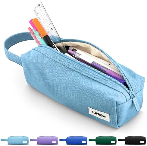 Small Pencil Case Pouch for Girls and Boys Kids, Large Capacity Canvas Pen Bag School Supplies, Portable Pencil Case, Simple Zipper Stationery Bag for Women Men Adults (Light Blue