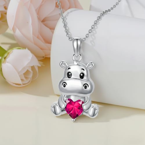 Image of PROESS Animal Birthstone Necklace 925 Sterling Silver Otter /Axolotl /Hippo /Elephant /Dachshund /Monkey /Red Panda Pendant Necklace Animal Birthstone Jewelry Gifts for Women