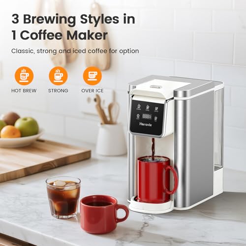 Image of Horavie Single Serve Coffee Maker for K-Cup Pod & Grounds, Hot and Iced Coffee Maker, Strong Button Feature, 6 to 14oz Brew Sizes, 50oz Removable Reservoir, Fit 6.5 inch Mugs, Stainless Steel, White