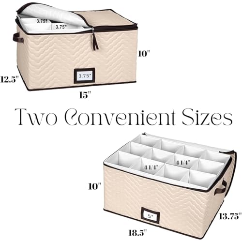 Wine Glass Storage Box with Dividers - Stemware Storage Case, Durable Quilted Microfiber Bin with Carry Handles, Protects Fine China - (2 Pack, Red & White Wine Glass)