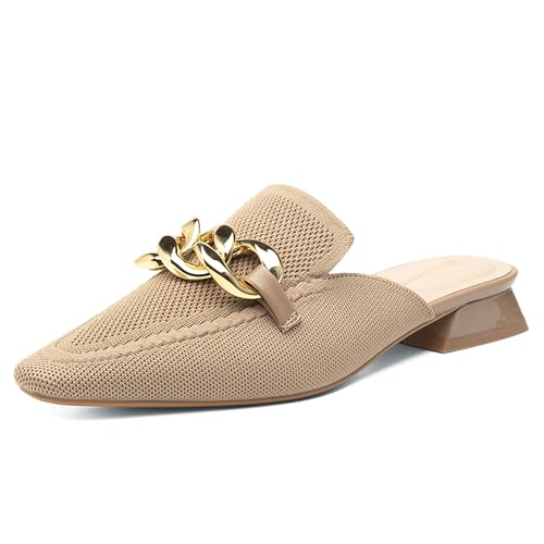 Image of NEWBELLA Women's Knit Pointed Toe Mule Slides, Chunky Gold Chain Decor, Low Block Heel, Slip On Loafer for Daily Office Wear