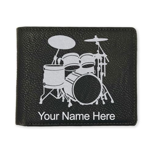 LaserGram Faux Leather Bi-Fold Wallet, Drum Set, Personalized Engraving Included (Black with Silver)