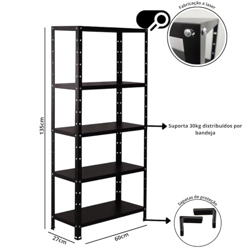 Estante Armario De Aço 135cm Altura 5 Bandejas Preto P/150kg (Preto Fosco)