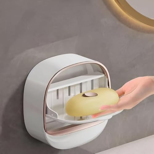Image of Wall Mounted Soap Box with Flip Cover and Drain Tray | Detachable Inner Support | Adhesive Sticker Installation | ABS Soap Holder for Bathroom (Pack of 2 pcs)