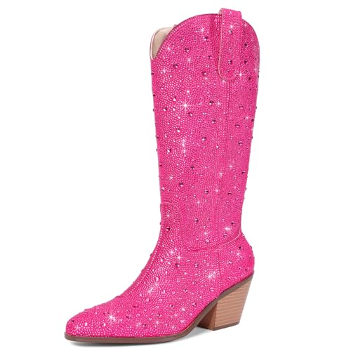Image of Cowgirl Ankle Boots Cowboy Boots for Women Western Booties Rhinestone Chunky Heel Fashion Comfortable Side Zipper