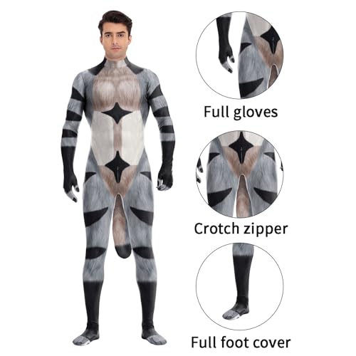 Image of Animal Full Bodysuit for Men Muscle Spandex Jumpsuit Furry Costume with Big Tail for Adult Cosplay Halloween Party
