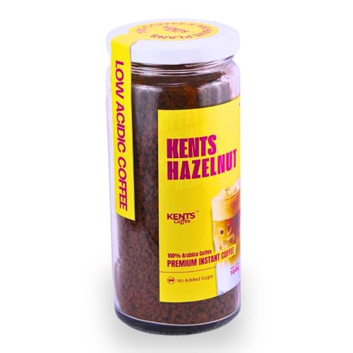 Image of Kents Coffee Roasted Hazelnut Instant Coffee | 100% Arabica with Natural Hazelnut Flavour | No Added Sugar | LOW ACIDIC | Not too Sweet | Perfect for Iced Coffee & Hot Latte | Serves 90 Cups (100g)