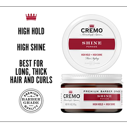 Cremo Premium Barber Grade Hair Styling Shine Pomade, High Hold & Shine, 4 Oz