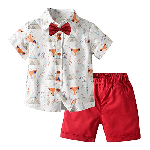 Volunboy Ensemble Shorts Bébé Garçons, Noeud Papillon Imprimé Chemise + Bermuda Shorts Tenues(Renard Rouge,18-24 mois,Taille 90 Cover