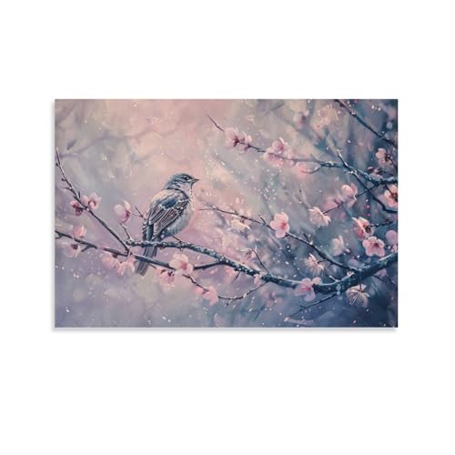 絵画 桜の枝に立つスズメインテリア 絵画 動物イラストアート 魅力的な花アートパネル 壁の絵 ポスター 壁掛け ソファの背景絵画 玄関 壁飾り 絵画 額無し 30x45cm