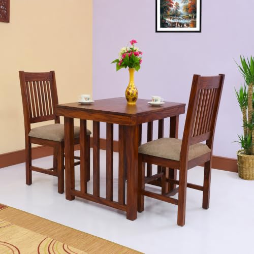 Image of Solid Wood 2 Seater Dining Table Set for Home & Kitchen | Teak Finish Dining Set with 2 Cushioned Chairs | Compact Dining Furniture for Dining Room, Apartment & Cafe