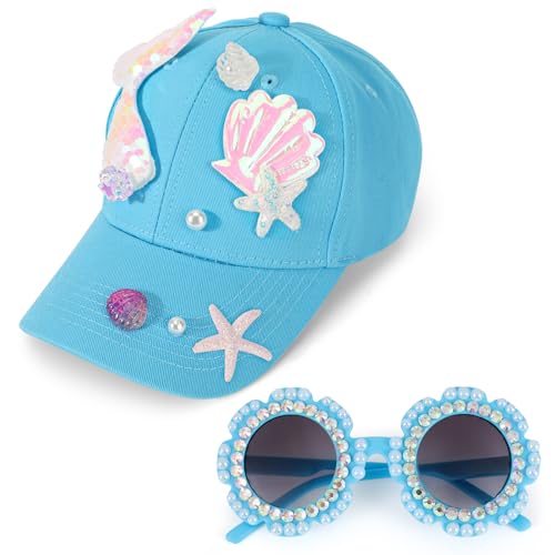 Girls Baseball Cap Sunglasses for Kids, Mermaid Baseball Hat Adjustable Summer Sun Hat Rhinestone Pearl Sunglasses Casual Trucker Cap for Girls 5-12 Years