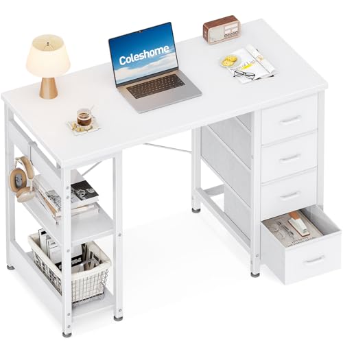 Coleshome Small Computer Desk with Drawers, 100x40cm Office Desk with Storage Shelves, Reversible Study Table for Home Office, Small Space, White
