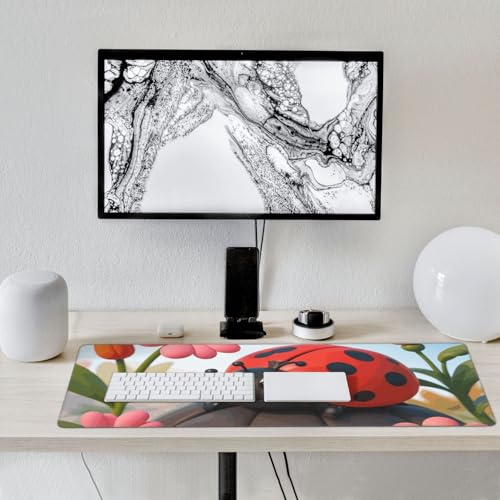 Tapis de bureau pour ordinateur grand format décor floral et coccinelle