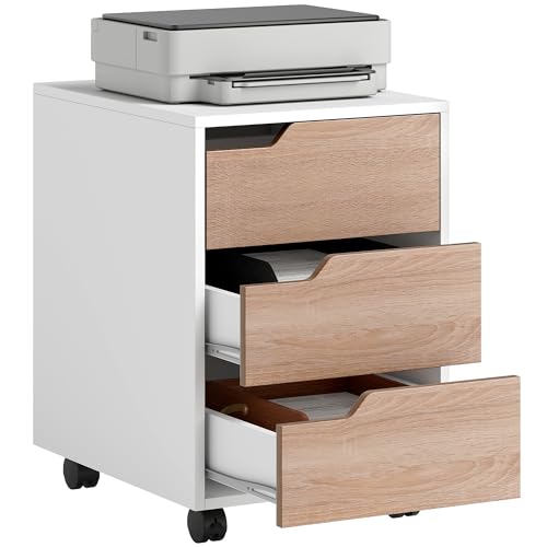 HOMCOM Caisson bureau mobile avec 3 tiroirs, meuble rangement bureau sur roulettes pour documents et imprimante, caisson de rangement compact pour travail ou chambre,...