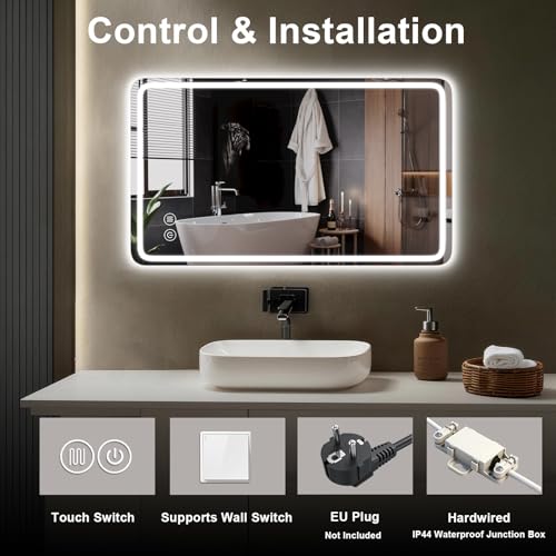 Badspiegel mit Beleuchtung,Spiegel Mit Beleuchtung 120x70cm,LED Badspiegel mit Touch-Schalter,Badezimmerspiegel mit Speicherfunktion,Wandspiegel 3 Farbtemperatur,Horizontal/Vertikal, HD Hartglas