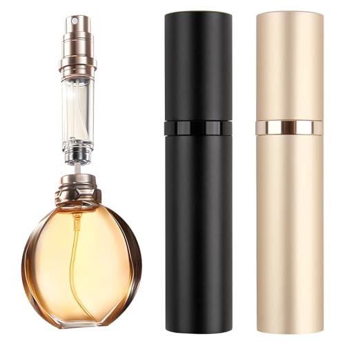 RJLLKD 2 Pack Perfume Atomiser Refillable, 5ml Portable and Refillable Travel Spray Bottles with Bottom Pump Leak Proof Mini Size Perfume Atomizer for Men and Women(Black and Champagne Gold)