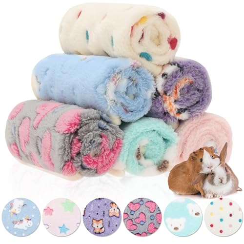ALUZAEMO Guinea Pig Blankets 6 Pack, Soft Fleece Small Animal Blanket Cage Liners for Rabbit Hamster Chinchilla Hedgehog Guinea Pig, Cute Washable Pet Mat Bedding Accessories