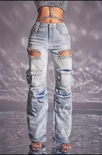 Women's High Waist Baggy Cargo Jeans Sexy Rhinestones Ripped Straight Wide Leg Denim Pants Y2K Streetwear with Pockets4