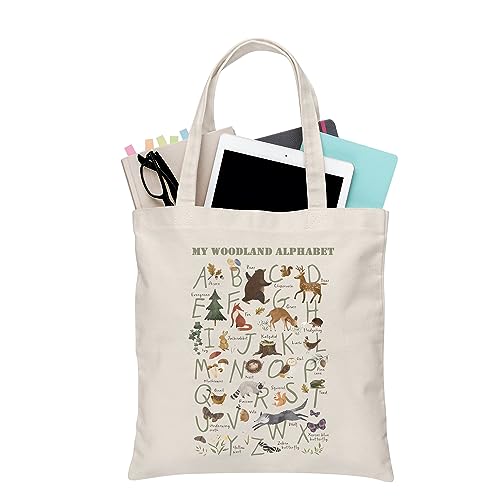 BDPWSS My Woodland Alphabet Canvas Tote Bag Woodland Animal Alphabet Gift Forest Animals Gift Woodland Themed Travel Pouch (Woodland Animal TG)