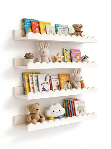 Image of icnjdMopclean Scalloped Shelves for Nursery - Wall Book Shelves for Bedroom Kids, Nursery Bookshelf for Wall Set of 4, Floating Book Shelves Solid Wood,16 Inch, White