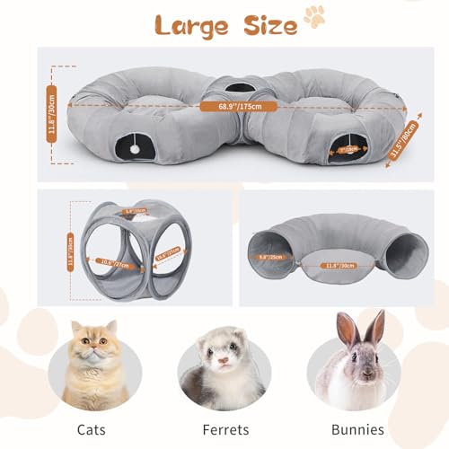 Image of Pawaboo 2-in-1 Cat Tunnel Bed for Indoor Cats, 8-Shaped Large Cat Tunnels with Plush Cushions, Foldable Cats Cave Hideout Kitty Toys with Fluffy Balls, Donut Tunnel for Kitten Rabbit Ferret, Grey