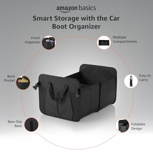 Image of Amazon Basics Car Boot Organizer with 2 Large Compartments & 2 Pockets| Foldable 600D Oxford Storage Box with Securing Straps (Black, 60 x 37 x 31cm)