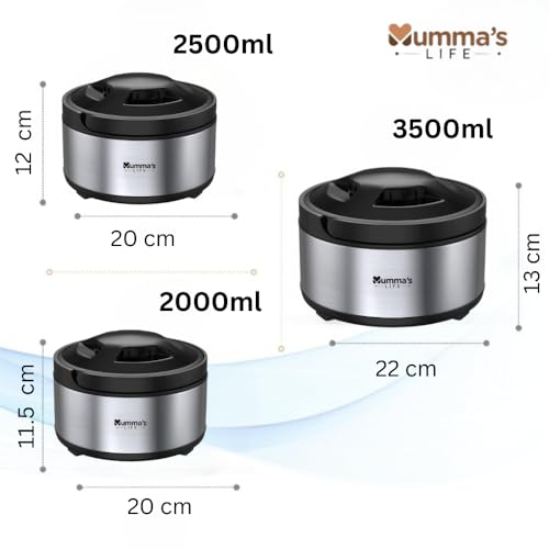 Image of Mumma's LIFE Stainless Steel Thermosteel Casserole Set of 3 for Kitchen| Hot Case Combo for Kitchen,Up to 2 Hour| Hot Box Pack of 3 (2000 ml, 2500 ml, 3500 ml)