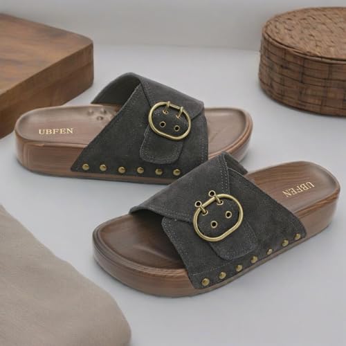 Image of UBFEN Womens Platform Slide Sandals | Real Leather,Buckle Sandals with Cushioned Flatform Footbed,Comfortable for Walking,Arch Support,Casual Styling
