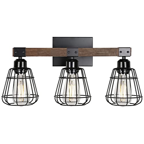 TELAFLY Lámpara de tocador para baño, madera rústica industrial con 3 luces sobre espejo, lámpara de pared moderna de metal negro mate para pasillo, cocina