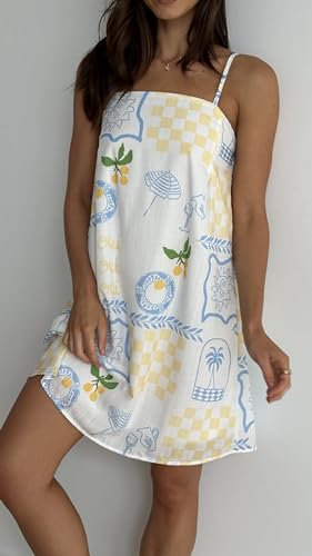 Image of NUFIWI Women Boho Graffiti Cami Mini Dress Spaghetti Strap Printed A Line Short Dress Backless Cut Out Colorful Sundress