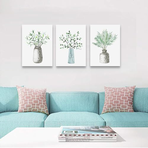 DZRWUBHS Canvas Wall Art For Dining Room Kitchen Wall Decor For Bedroom Office Decor Paintings Family Living Room Wall Decoration Green Leaf Vase Wall Pictures Artwork Room Home Walls Decor 3 Piece