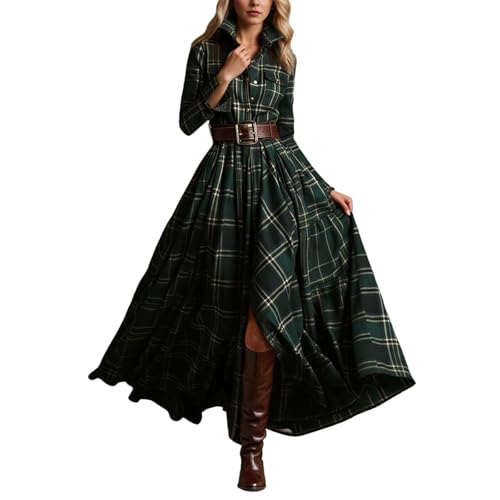 Hemdkleid Damen Lang Langarm Kariert Herbstkleid Elegant Winterkleid A Linie Maxi Kleid Winter mit Kragen Lange Kleider Retro Temperament Langkleid...